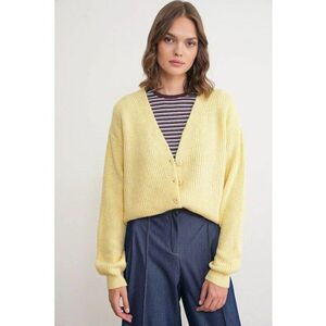 Pulover dama - cardigan cu nasturi - decolteu in V - texturat - galben lamaie - tricot - imagine