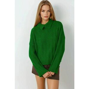Pulover tricotat cu model - detaliu guler - verde - tricot - One Size imagine