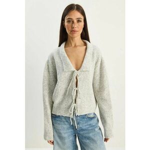 Cardigan oversized - decolteu in V - inchidere cu cordon - gri - tricot - One Size imagine