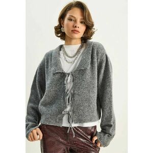 Pulover dama - LUCCI - cardigan supradimensionat - decolteu in V - inchidere cu cravata - gri - tricot - One Size imagine