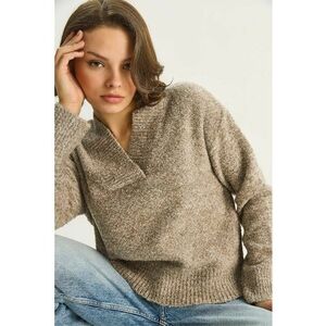 Pulover dama - tricotat - maneca lunga - decolteu in V - Bej Natural - imagine