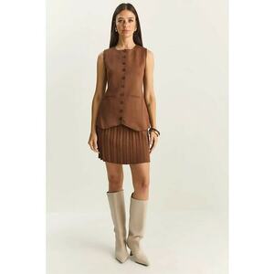 Set costum dama - vesta-fusta - maro cafea - tricot - imagine