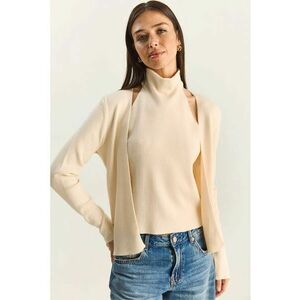 Bluza dama - guler pe jumatate - decupaje - crem natural - tricot - imagine
