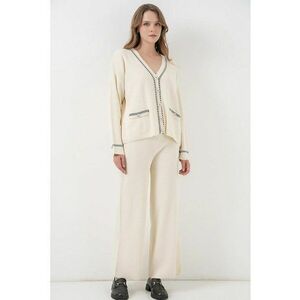 Set cardigan tricotat cu decolteu in V si pantaloni largi Ecru - Tricot - imagine