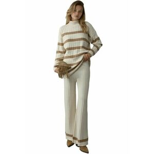 Set tricotat pulover si pantaloni cu dungi - maro camel - tricot - imagine