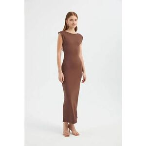 Rochie maxi - guler rotund - spate fara maneci - maro - jerseu imagine