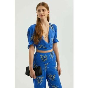 Top scurt - decolteu floral - maneca scurta - albastru - textil imagine