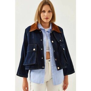 Geaca denim model LUCCI - guler de catifea - Albastru imagine