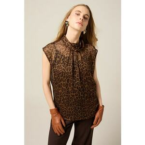 Bluza cu animal print si guler - fara maneci - Negru/Caramel imagine