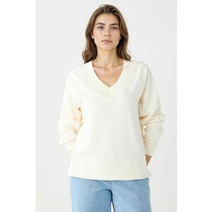 Bluza de trening din amestec de modal cu croiala lejera si decolteu in V - Crem imagine