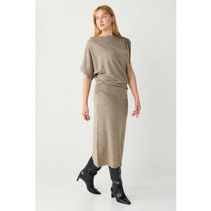 Rochie lunga cu maneci asimetrice - Bej melange imagine