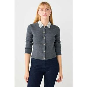 Cardigan striat cu guler cu strasuri - Gri carbune imagine