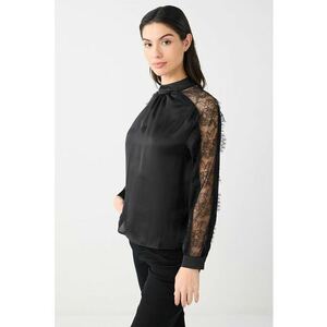 Bluza satinata cu detalii de dantela - Negru imagine