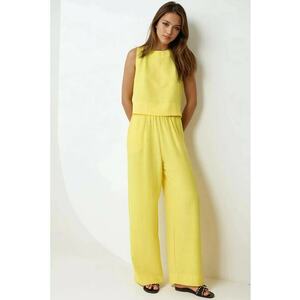 Compleu dama - bluza si pantaloni cu talie elastica - galben - poliester imagine
