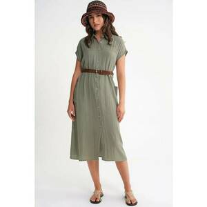 Rochie Midi - Detaliu Curea - Guler cu Nasturi - Verde Kaki - Textil imagine