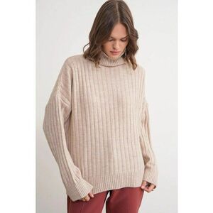 Pulover dama - oversize - guler inalt - bej natural - tricot - imagine