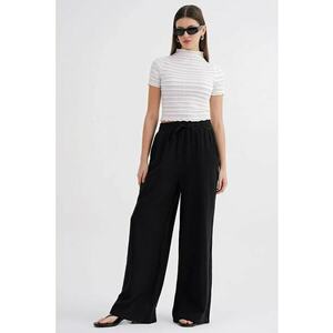Pantaloni dama - talie inalta - textil - negru - muselina texturata imagine