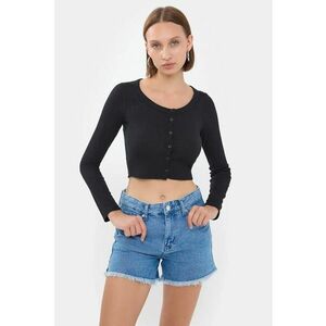 Top dama - top tesut cu guler rotund si detaliu cu nasturi - negru - jerseu - imagine