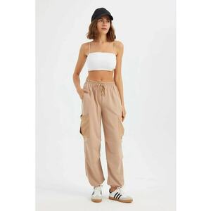 Pantaloni dama - jogger tesuti - talie inalta - snur de strangere - natur - poliester-elastan imagine