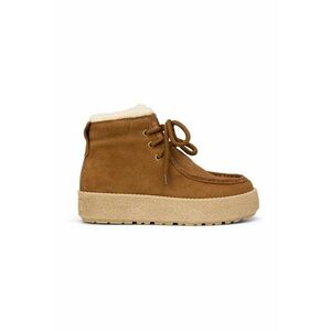Ghete din piele intoarsa cu talpa flatform si branturi din blana sintetica - Maro cognac imagine