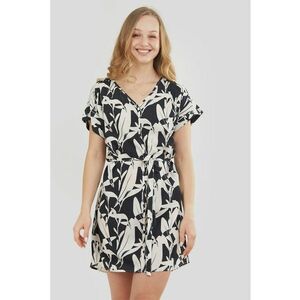 Rochie lejera cu decolteu in V si model Palmetta - Alb/Negru stins imagine