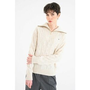 Pulover din lana cu fermoar scurt si model torsade - Crem imagine