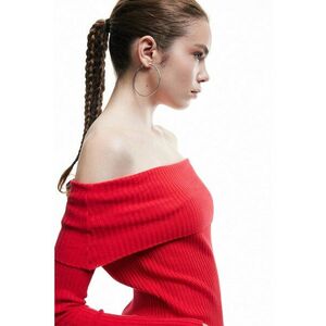 Pulover striat cu decolteu pe un umar - Rosu vermillion imagine