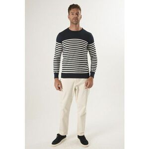 Pulover din bumbac cu model in dungi - Crem/Bleumarin imagine