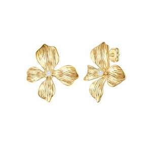 Cercei cu tija - in forma de floare - placati cu aur de 14K - decorati cu perle sintetice - Auriu imagine