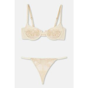 Set de sutien de dantela si chiloti tanga - 2 piese - Bej deschis imagine