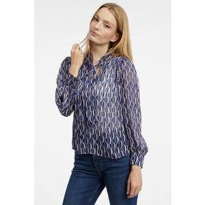 Bluza cu model geometric si funda din panglici - Bleumarin imagine