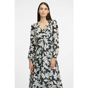 Rochie cu decolteu in V - model floral si maneci lungi - Alb fildes/Negru imagine