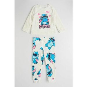 Pijama lunga din material teddy cu model cu Stitch - Alb/Roz pastel/Albastru deschis imagine