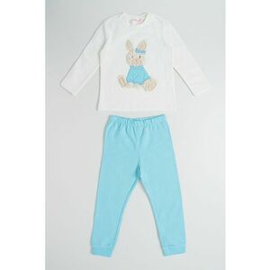 Pijama din bumbac cu imprimeu grafic frontal - Alb murdar/Albastru deschis imagine