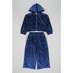 Set de hanorac catifelat cu fermoar si model si pantaloni de trening - 2 piese - Albastru deschis/Bleumarin imagine