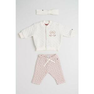Set de imbracaminte din amestec de bumbac organic cu broderie - 3 piese - Alb/Verde/Roz imagine