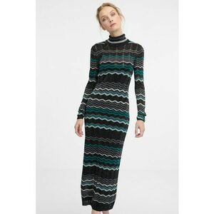 Rochie midi cu dungi si guler scurt - Negru/Gri deschis/Verde aquamarin imagine