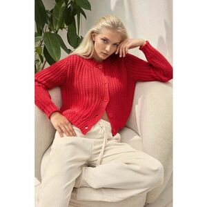 Cardigan lung - tricotat texturat - guler rotund - tricot - Rosu - imagine