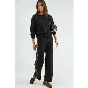 Costum dama - set coordonat doua piese - talie inalta - imprimeu leopard - negru - imagine