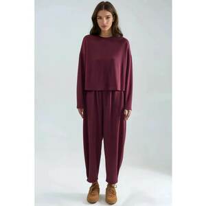 Set coordonat bluza si pantaloni Salwar - talie inalta - visiniu - One Size imagine