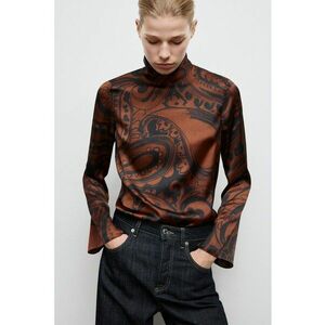 Bluza cu guler inalt si model - Maro inchis/Portocaliu stins imagine
