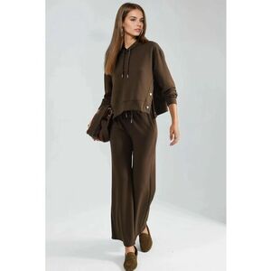 Set din doua piese - hanorac cu gluga si pantaloni cu picior larg - talie inalta - maro cafeniu - tricot imagine