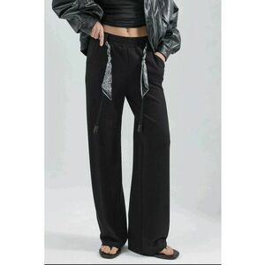Pantaloni dama - tricotati - talie inalta - negru - textil imagine