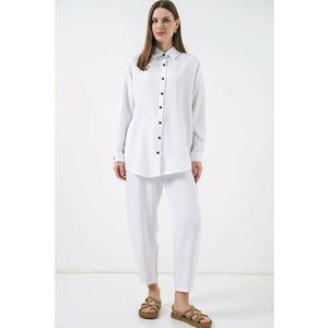Set Femei - Camasa cu Maneca Lunga si Pantaloni - Alb - Amestec de In imagine