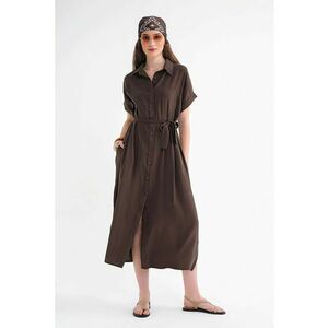 Rochie tip camasa cu cordon - maro - textil imagine