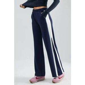 Pantaloni dama - cu talie inalta - picior larg - bleumarin - textil - imagine