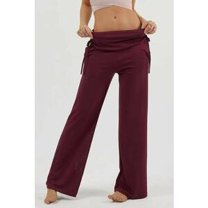 Pantaloni dama - talie inalta - picior larg - detalii cu volane - rosu - textil imagine