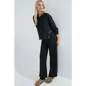 Set din doua piese - hanorac cu gluga si pantaloni cu picioare largi - negru - tricot imagine
