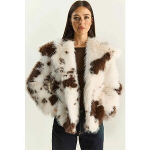 Geaca oversized - blana artificiala - alb/maro imagine