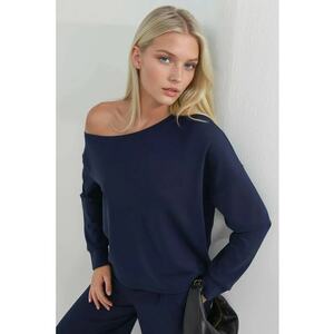 Hanorac dama guler asimetric - croiala lejera - bleumarin - textil imagine